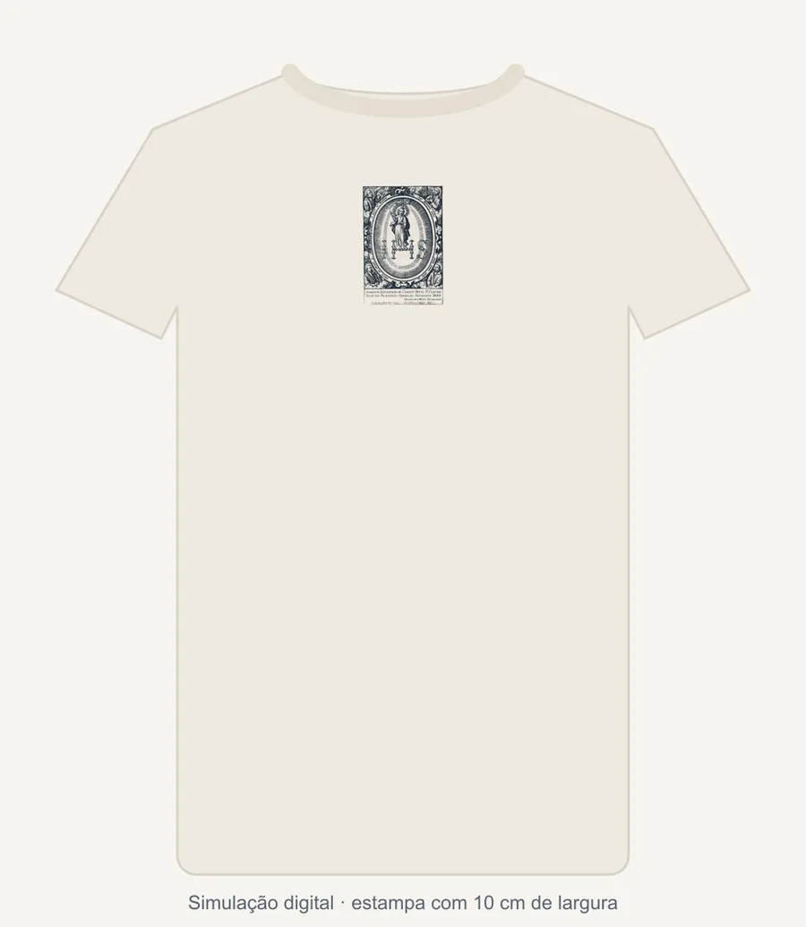 Simulação digital da camiseta off-white com a gravura no peito